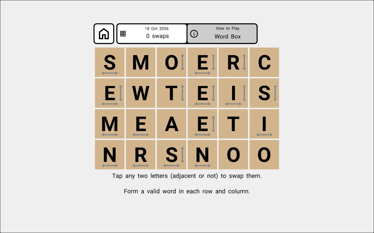 The Word Box Main puzzle for 18 Oct 2026 in a desktop browser: a four by six box of scrambled letter tiles with row and column arrow clues, 0 swaps
