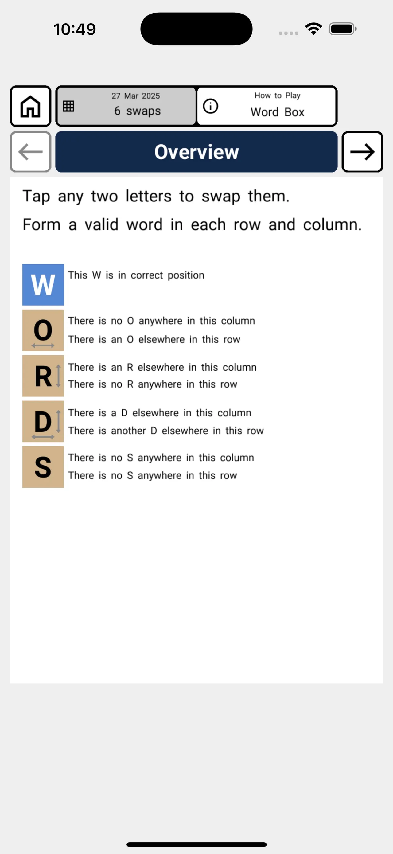 Word Box's overview: Tap any two letters to swap them, with the tiles W O R D S explaining each clue