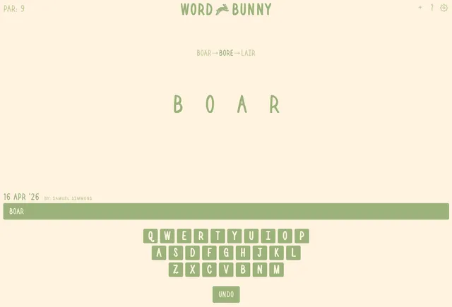 A Word Bunny puzzle from 16 April 2026: the word BOAR, the path BOAR to BORE to LAIR and an on-screen keyboard