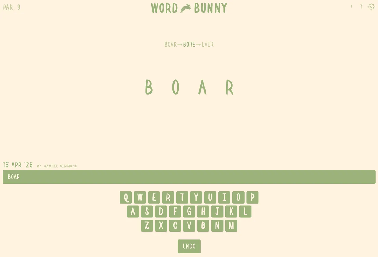 A Word Bunny puzzle from 16 April 2026: the word BOAR, the path BOAR to BORE to LAIR and an on-screen keyboard