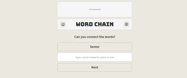 The day's Word Chain: Can you connect the words? with Senior at the top, Rent at the bottom and a box between them to type a related word