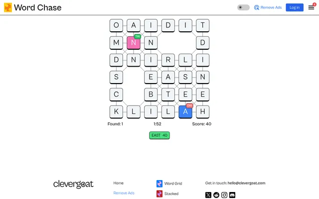 Word Chase board of 19 October 2026: a 6 by 6 grid of linked letter tiles with gaps, a pink TW tile and a blue DW tile, EAST found for 40 points, timer 1:52