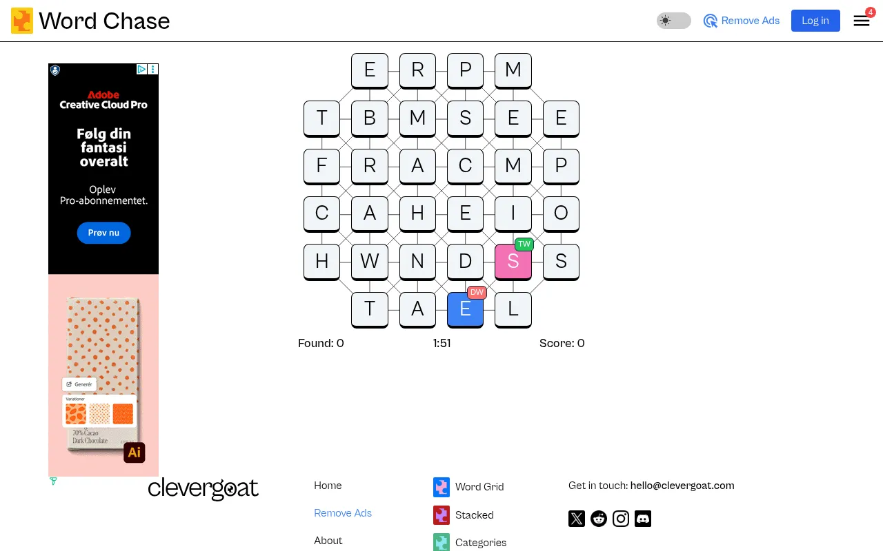 Word Chase board in play: a cross-shaped grid of linked letter tiles with a pink TW tile and a blue DW tile, Found 0, timer 1:51 and Score 0 below