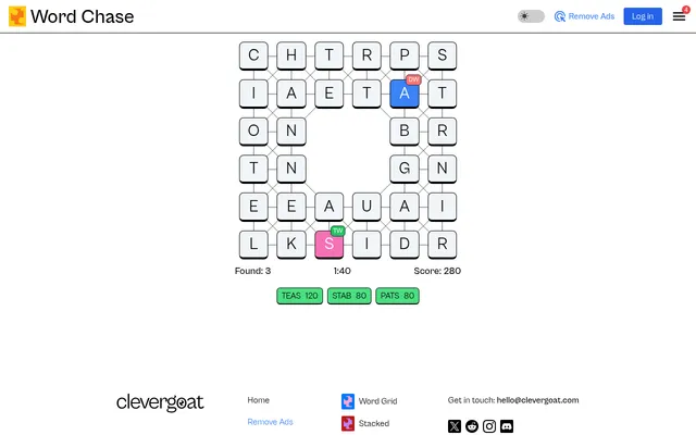 Word Chase Game #777 of 28 October 2026: a ring-shaped 6 by 6 board of linked letter tiles with a blue DW tile and a pink TW tile, TEAS, STAB and PATS found, score 280, timer 1:40