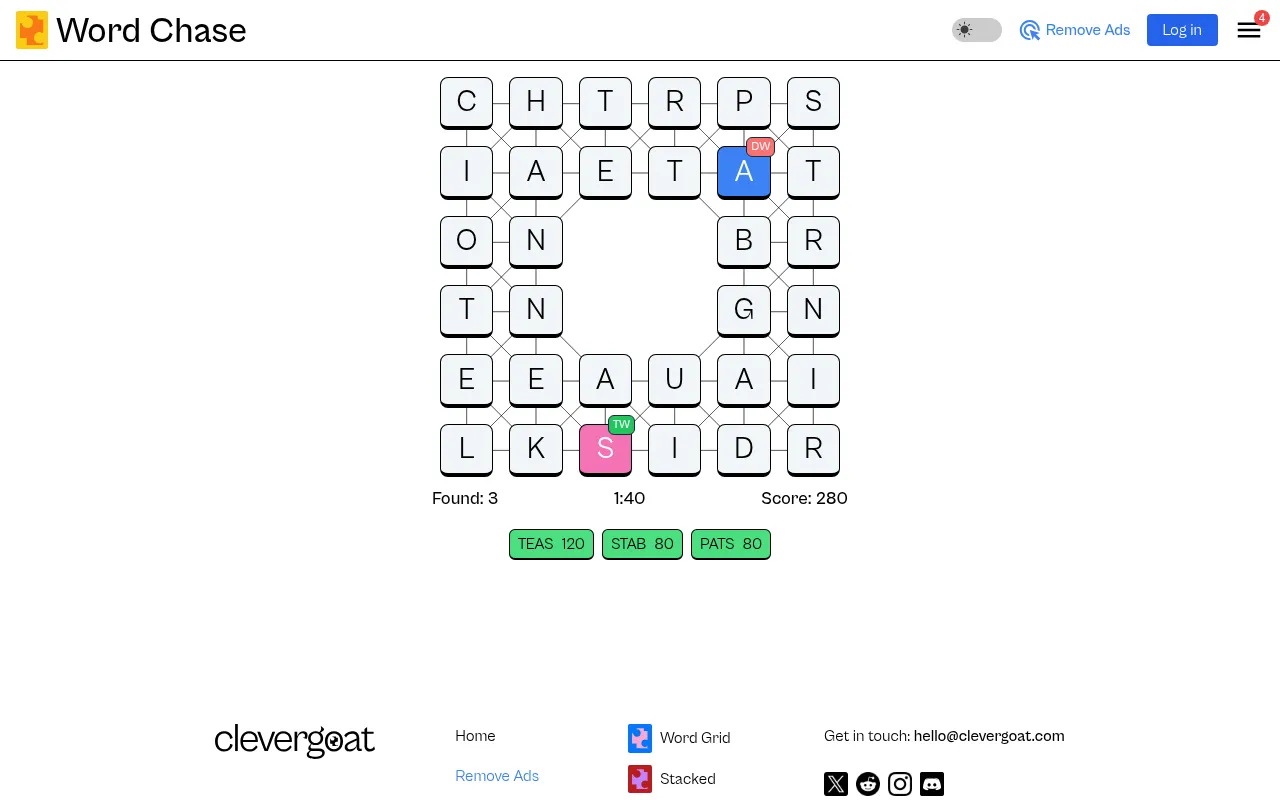 Word Chase Game #777 of 28 October 2026: a ring-shaped 6 by 6 board of linked letter tiles with a blue DW tile and a pink TW tile, TEAS, STAB and PATS found, score 280, timer 1:40