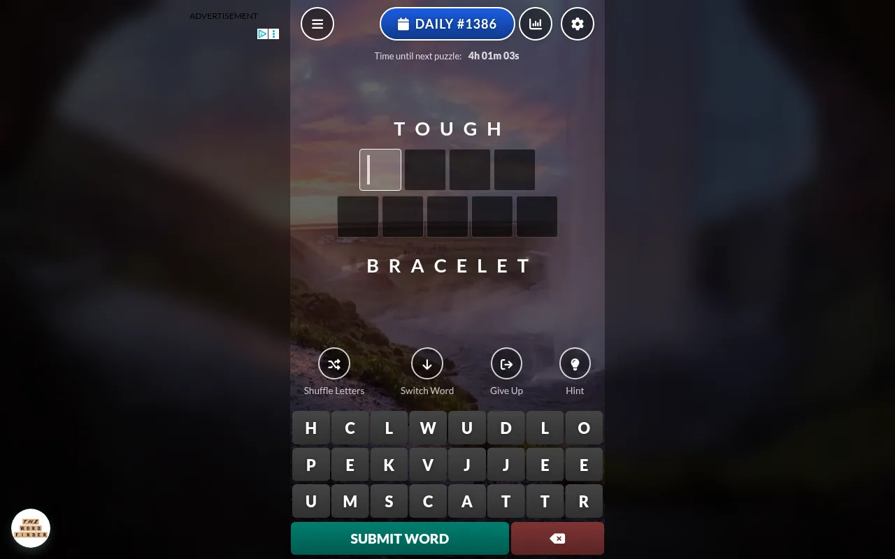 Word Connection Daily #1386: TOUGH at the top and BRACELET at the bottom with empty tiles for a four-letter and a five-letter word between, a letter keyboard and Shuffle, Switch Word, Give Up and Hint