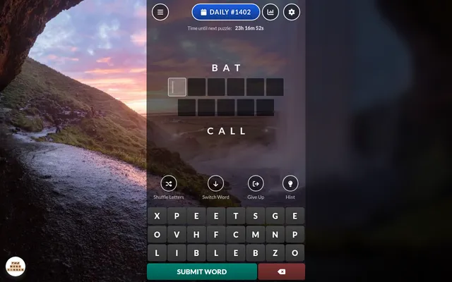 Word Connection Daily #1402: BAT at the top and CALL at the bottom with empty tiles for a six-letter and a five-letter word, a letter keyboard and Shuffle, Switch Word, Give Up and Hint