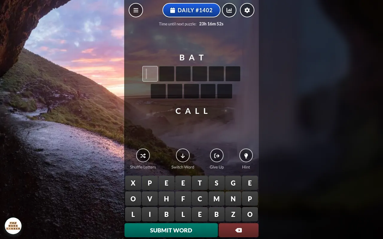 Word Connection Daily #1402: BAT at the top and CALL at the bottom with empty tiles for a six-letter and a five-letter word, a letter keyboard and Shuffle, Switch Word, Give Up and Hint