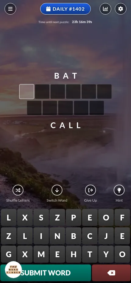 Word Connection Daily #1402 at phone size: the BAT to CALL chain with empty tiles above a full-width letter keyboard and the Submit Word button