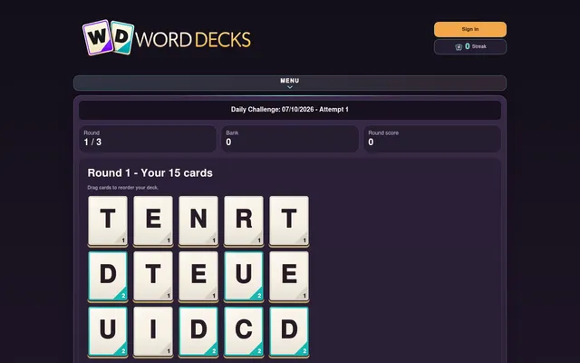 Word Decks Daily Challenge for 7 October 2026, Round 1 of 3: the day's 15 letter cards such as T, E, N, R, D, U, I and C with their point values