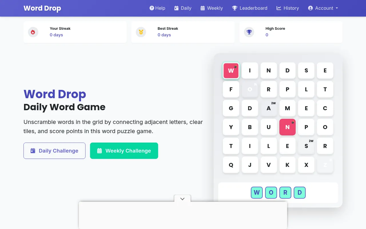 The Word Drop home page: Daily Word Game, Daily Challenge and Weekly Challenge buttons, and a sample 6x6 grid of letter tiles with bomb and 2W tiles spelling WORD