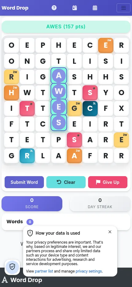 Word Drop's daily grid for 28 October 2026 on a phone, with AWES traced down through touching tiles above the Submit Word, Clear and Give Up buttons
