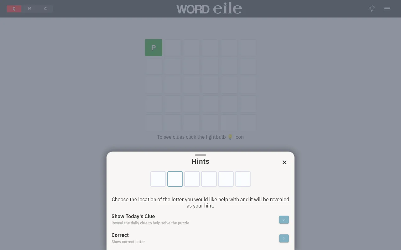 Word Eile hints panel: six letter slots to choose a letter to reveal, with options to show today's clue or a correct letter
