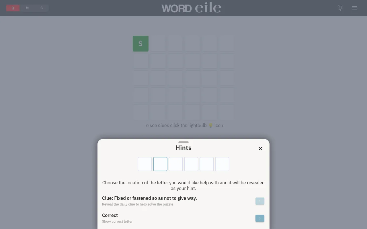 Word Eile hints panel with today's Quick clue shown: Fixed or fastened so as not to give way, above the option to reveal a correct letter
