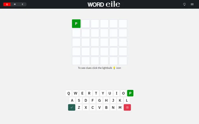 Word Eile on the Quick level: a six-letter board with five rows, the first letter P shown in green, and the on-screen keyboard below