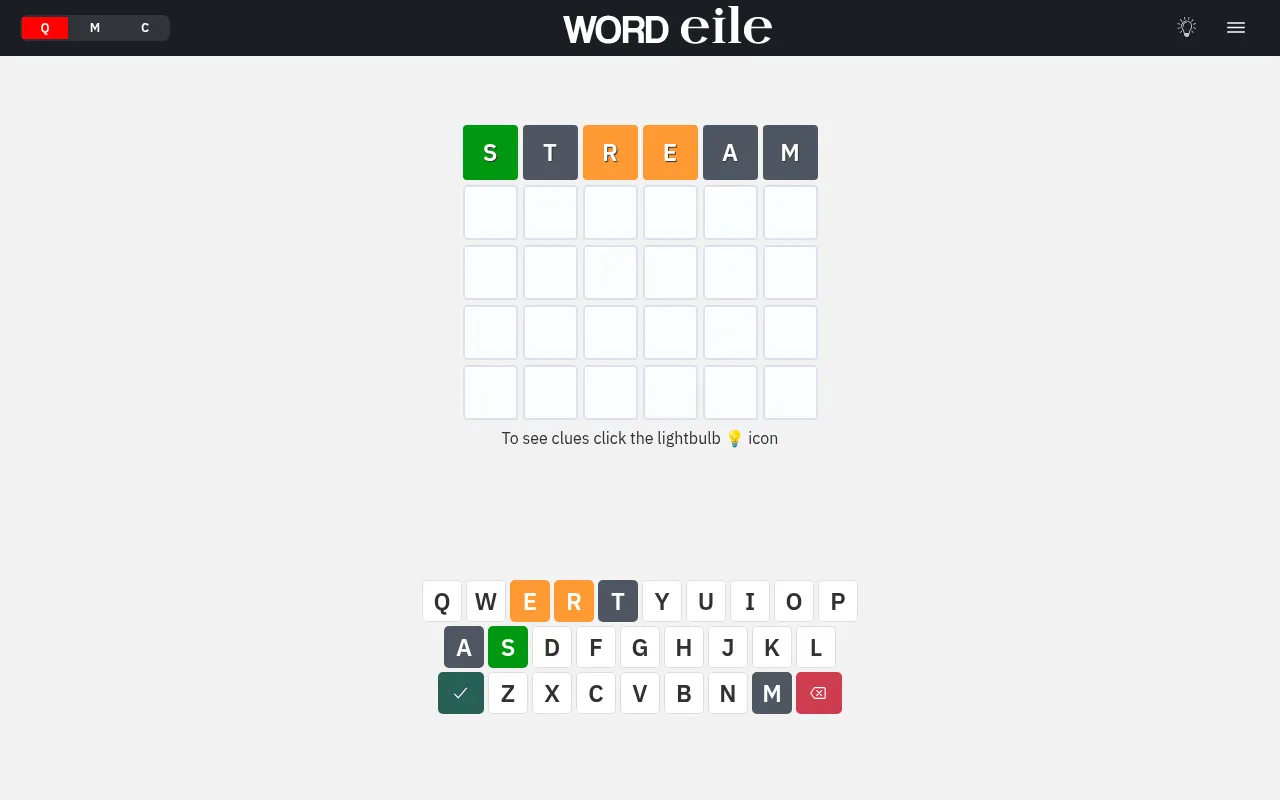 Word Eile on 18 October 2026, Quick level: a first guess STREAM with S green, R and E orange, T, A and M grey, and the keyboard coloured to match