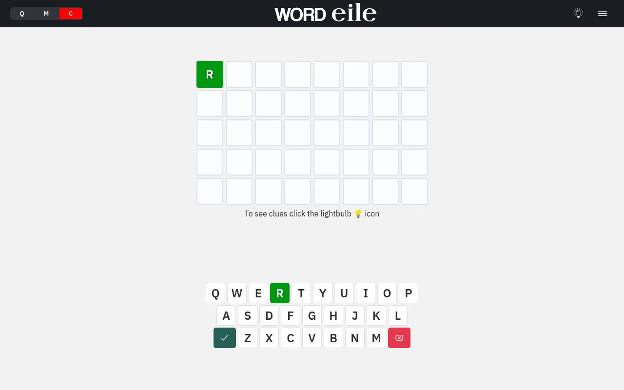 Word Eile on the Cryptic level: an eight-letter board with five rows and the first letter R shown in green