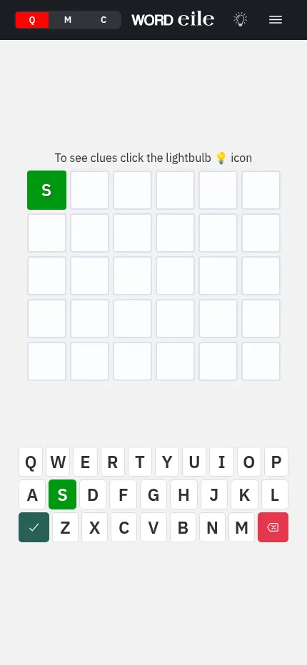 Word Eile at phone size: the six-letter Quick board with the first letter S shown in green and the on-screen keyboard below