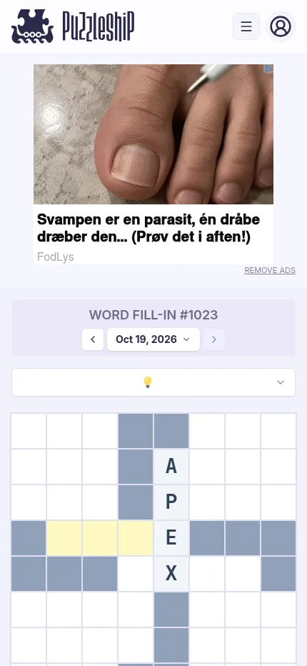 Word Fill-In #1023 on a phone: the very easy grid with APEX filled down, below a display ad and the difficulty picker