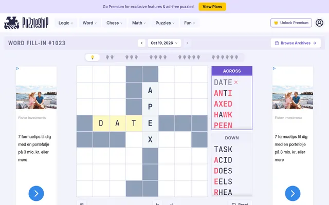 Word Fill-In #1023 (Oct 19, 2026), very easy grid on desktop: DATE placed across through APEX, the word lists showing clashing letters in red