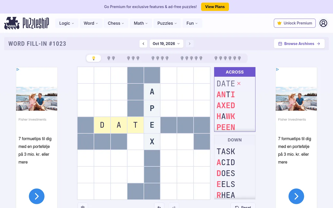 Word Fill-In #1023 (Oct 19, 2026), very easy grid on desktop: DATE placed across through APEX, the word lists showing clashing letters in red