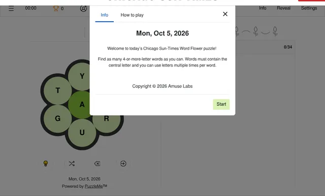 The Chicago Sun-Times Word Flower for Mon, Oct 5, 2026: a seven-letter flower with A in the green centre and a 0/34 word list, behind the dated info panel with the rules and a Start button