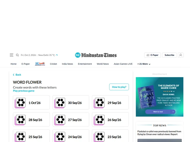 The Word Flower page on Hindustan Times with a grid of dated daily puzzles