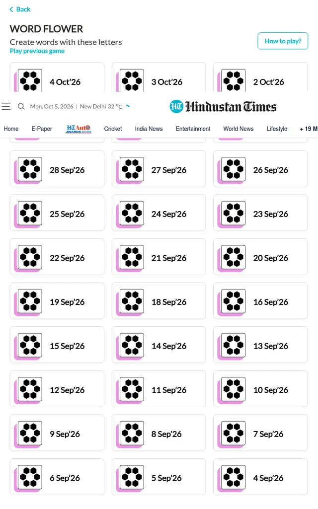 Hindustan Times Word Flower: Create words with these letters, above a grid of dated daily puzzles from 4 Oct 2026 back through September, each with the flower icon
