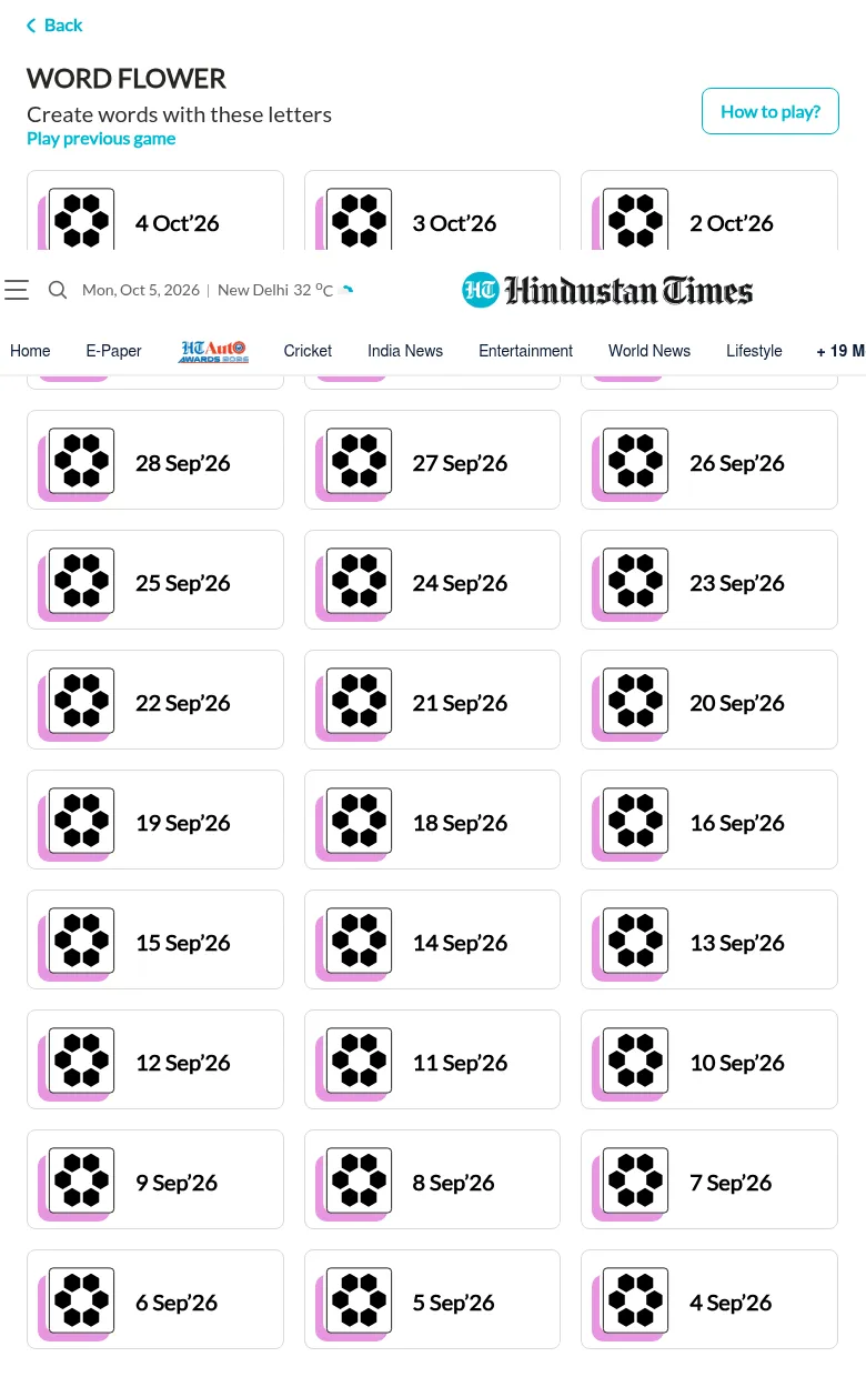 Hindustan Times Word Flower page: Create words with these letters, above a grid of dated daily flowers from 4 Oct 2026 back through September