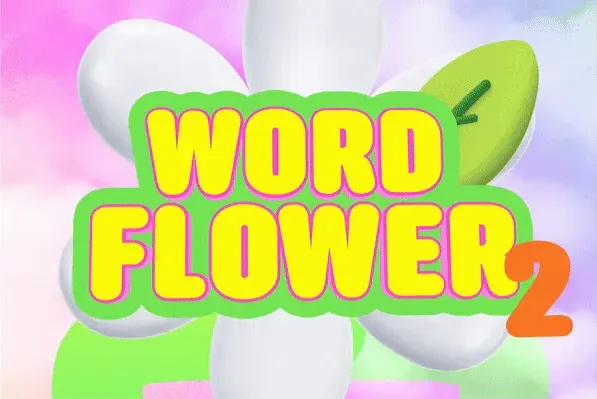 Word Flower 2 title art: yellow letters on a green outline over a white flower and pastel background