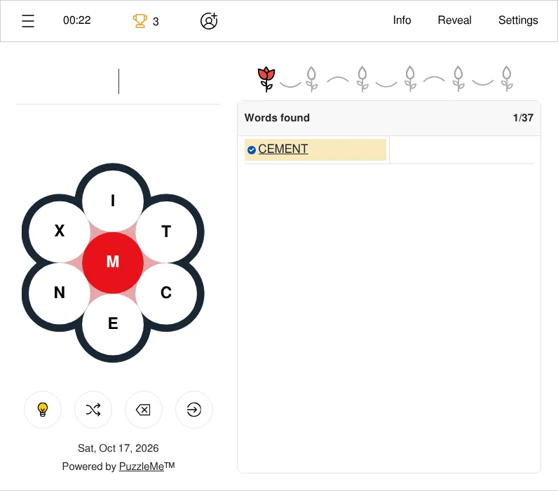 TIME Word Flower for Sat, Oct 17, 2026: a flower of petals I, T, C, E, N, X around a red centre M, with CEMENT found, 1 of 37 words