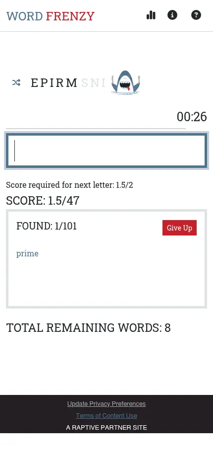 Word Frenzy on a phone screen: the letters E P I R M with S N I locked, the word box, Score 1.5/47 and PRIME in the Found list
