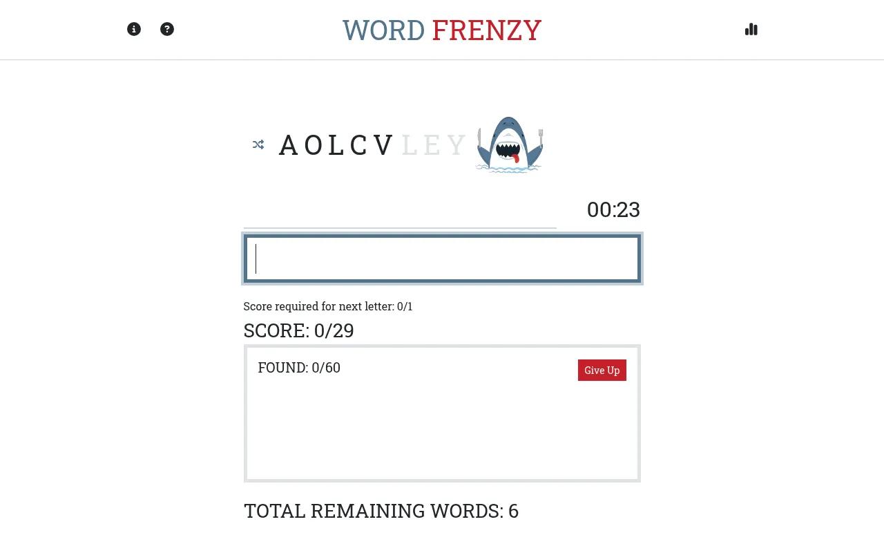 A Word Frenzy puzzle in play: the letters A O L C V with L E Y still locked beside Sharky the shark, a 23-second countdown, the word box, Score 0/29 and an empty Found list
