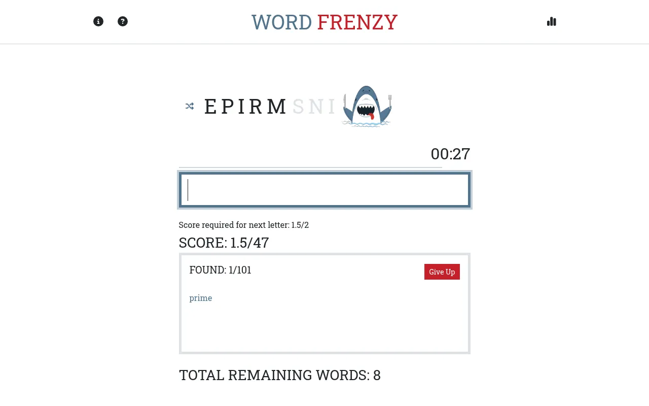 Today's Word Frenzy board on a desktop: letters E P I R M with S N I still locked beside Sharky, a 27-second timer, Score 1.5/47 and PRIME found of 101 words