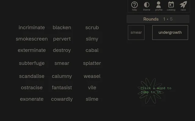 word.golf on 20 October 2026, round 1 of 5: start word smear, target undergrowth, a grid of neighbours such as slime, splatter and calumny, and a prompt to click a word to jump