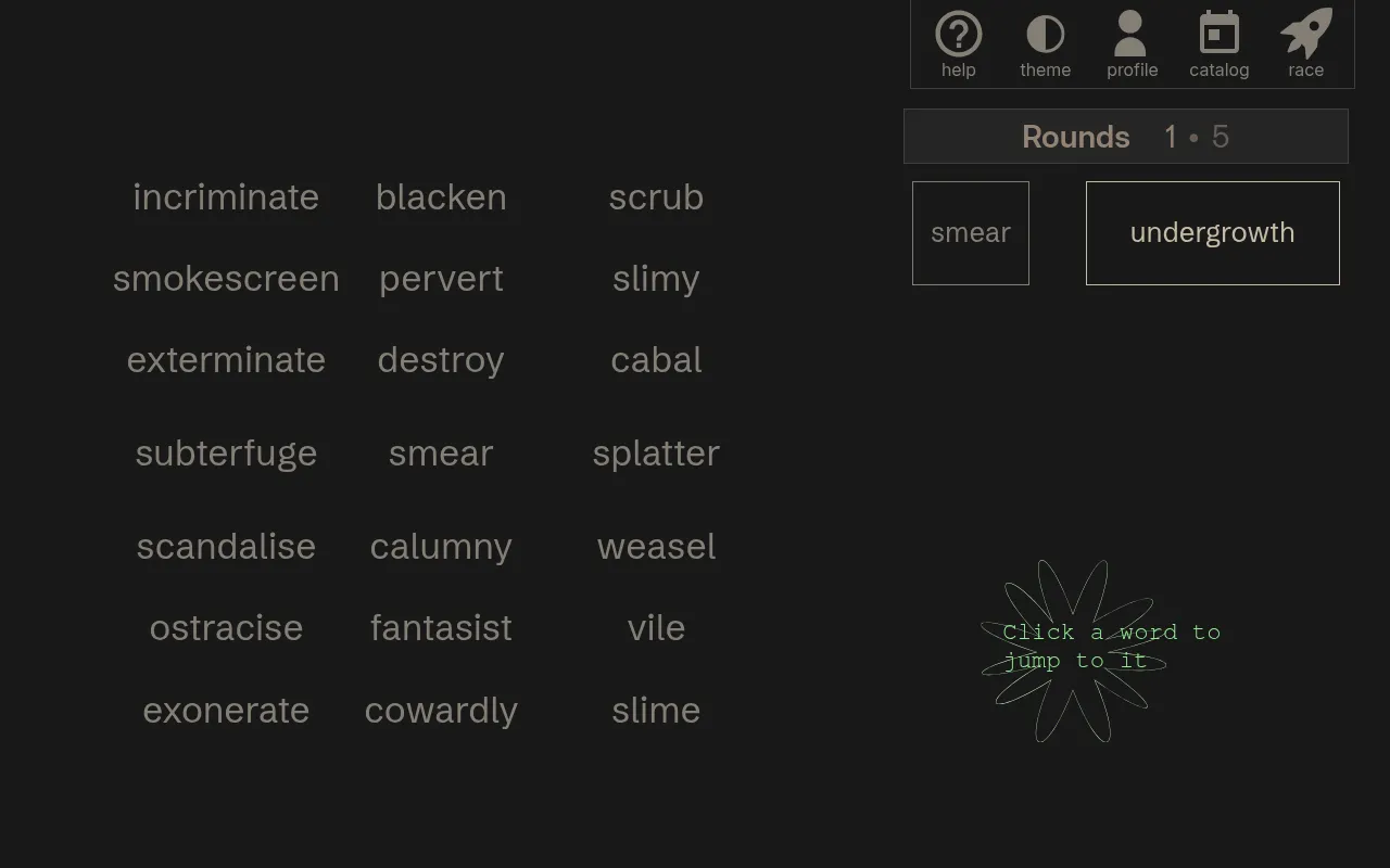 word.golf on 20 October 2026, round 1 of 5: start word smear, target undergrowth, a grid of neighbours such as slime, splatter and calumny, and a prompt to click a word to jump