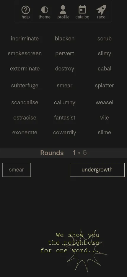 word.golf at phone size: the grid of neighbours of smear above the round bar, with the start word smear and the target undergrowth below