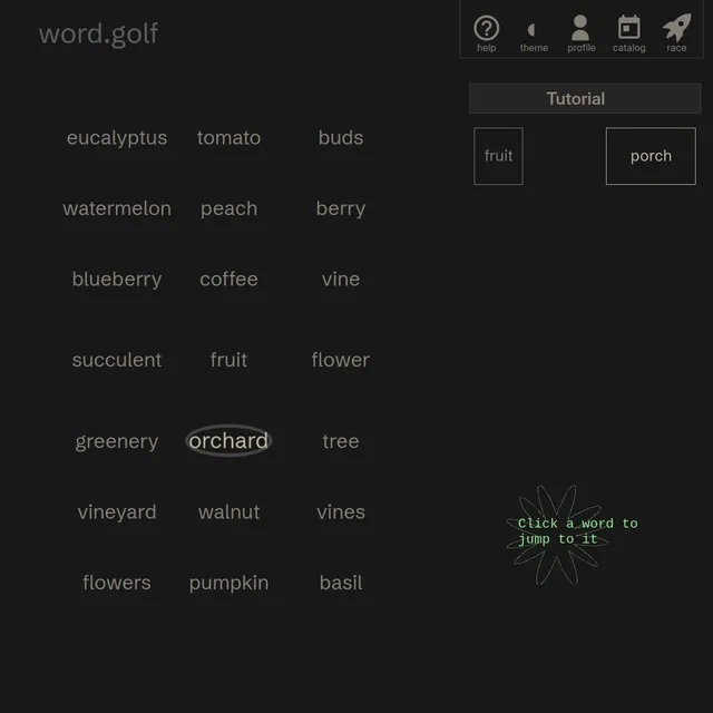 The word.golf tutorial showing a cloud of related words such as fruit, orchard, vineyard, blueberry and flower with orchard selected, a prompt to click a word to jump to it, and the start word fruit a