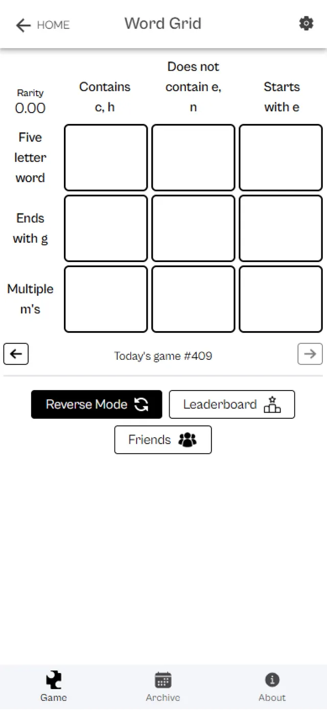 A Word Grid board with rows Five letter word, Ends with g and Multiple m's and columns Contains c and h, Does not contain e or n, and Starts with e