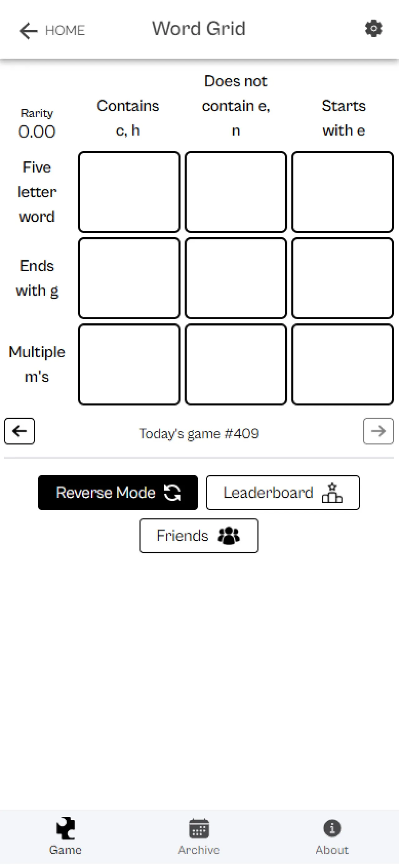 A Word Grid board with rows Five letter word, Ends with g and Multiple m's and columns Contains c and h, Does not contain e or n, and Starts with e