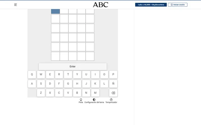 ABC's Word Guess board: six empty rows of five squares above an Enter key and a Spanish keyboard with Ñ