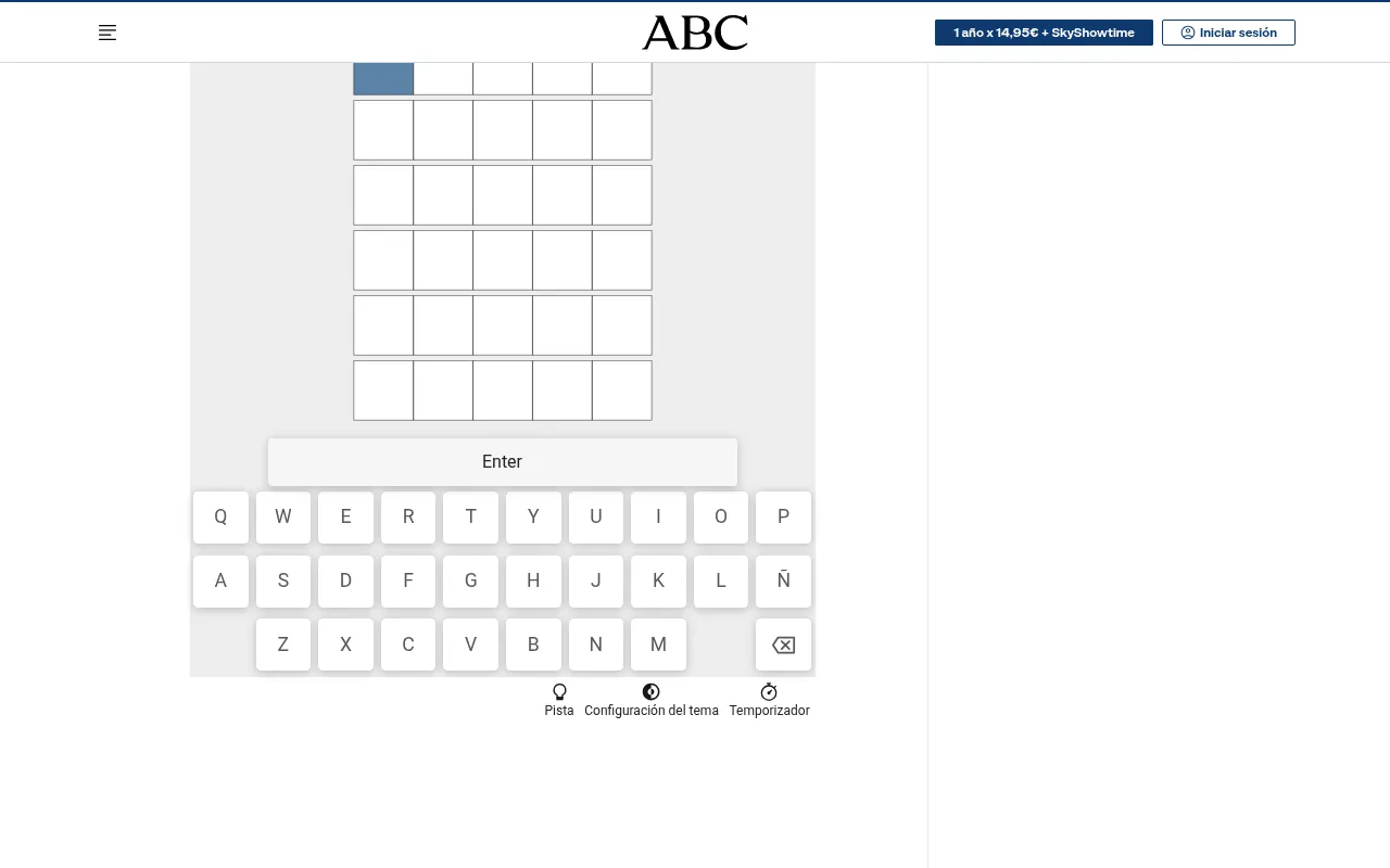 ABC's Word Guess board: six empty rows of five squares above an Enter key and a Spanish keyboard with Ñ