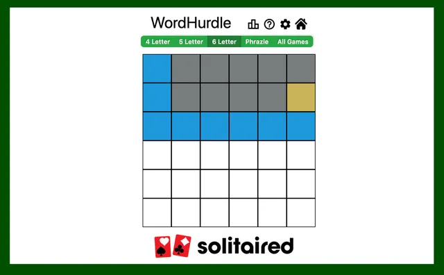 A Word Hurdle board with six-letter rows of blue, yellow and gray tiles under tabs for 4, 5 and 6 letters and Phrazle