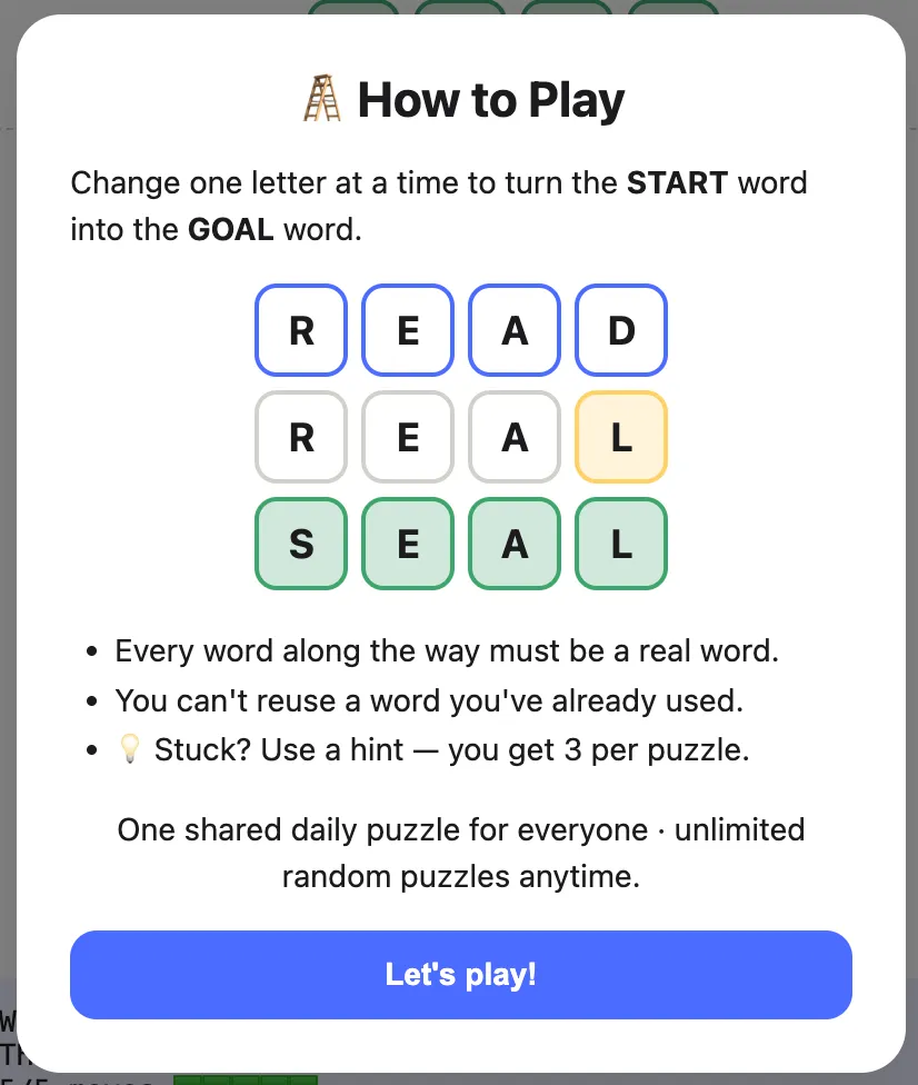 Word Ladder how to play screen: an example ladder from READ to REAL to SEAL with the rules and a note that there is one shared daily puzzle for everyone