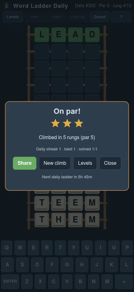 Word Ladder Daily #302 solved at phone size: the On par panel with three stars, climbed in 5 rungs, over the ladder and on-screen keyboard