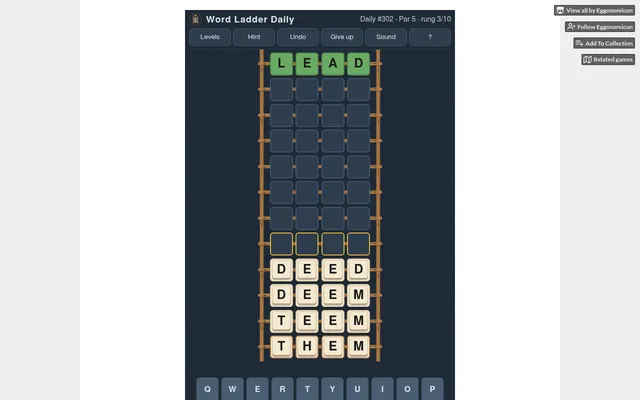 Word Ladder Daily #302 on 29 October 2026, par 5: THEM at the foot of the ladder climbing to DEED, three rungs up, with LEAD waiting at the top