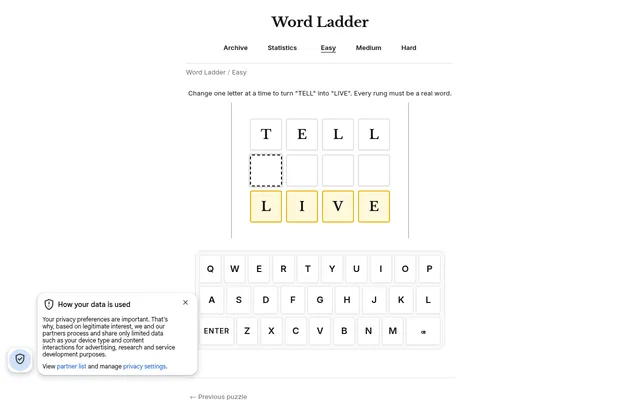 Today's easy Word Ladder board on a desktop, 30 October 2026: start word TELL above an empty row, target LIVE below, with the on-screen keyboard