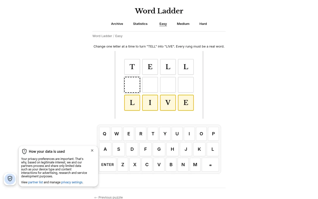 Today's easy Word Ladder board on a desktop, 30 October 2026: start word TELL above an empty row, target LIVE below, with the on-screen keyboard