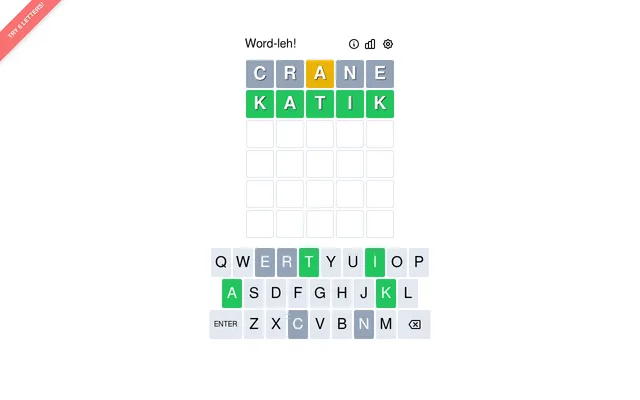Word-leh! board for 29 October 2026: CRANE with its A in yellow, then the Singlish answer KATIK solved in green, above the coloured keyboard