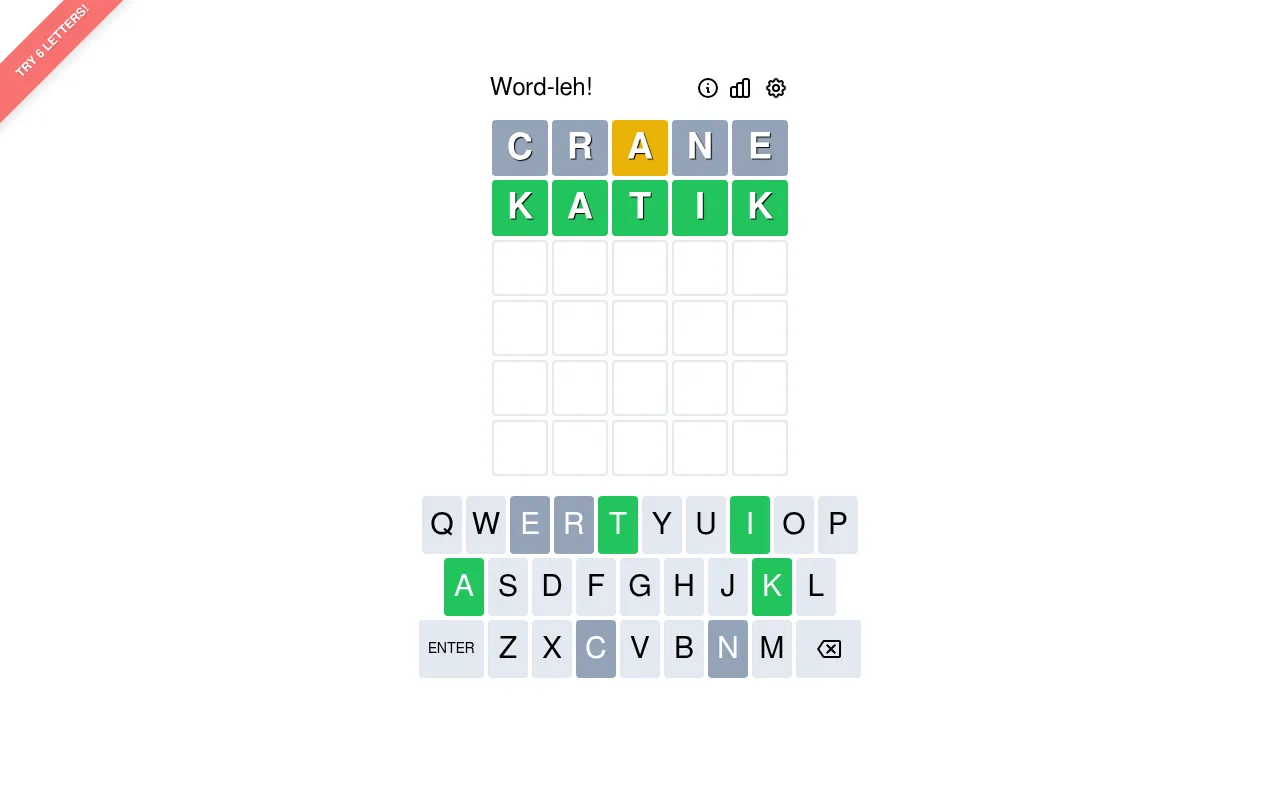 Word-leh! board for 29 October 2026: CRANE with its A in yellow, then the Singlish answer KATIK solved in green, above the coloured keyboard